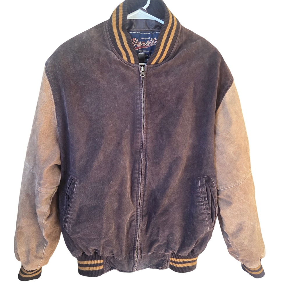 90s Vintage Varsity Suede Bomber Jacket Large Brown Two Tone Gorpcore Retro